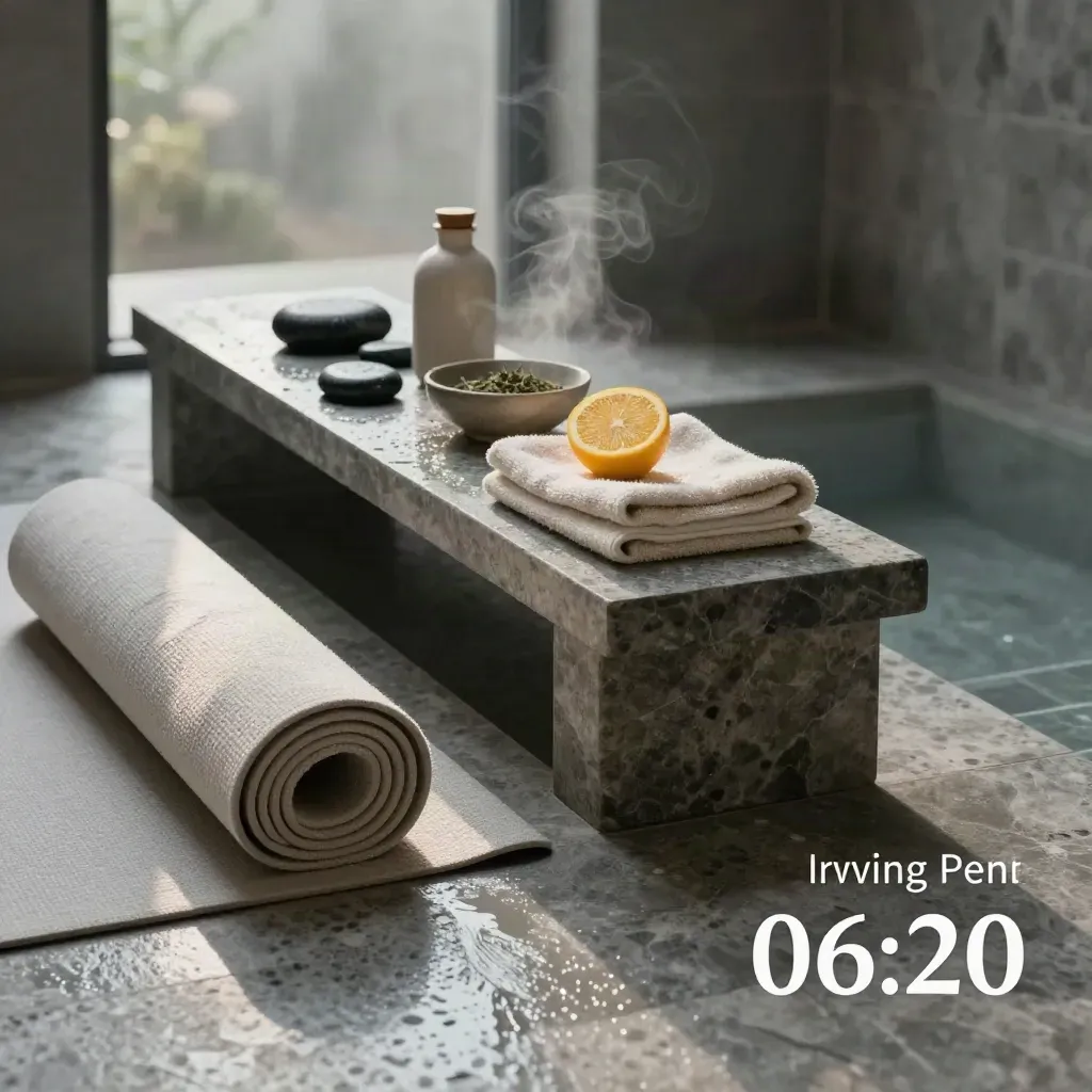 Suite benessere con tappetino yoga, pietre basaltiche, flacone e vapore su pietra.