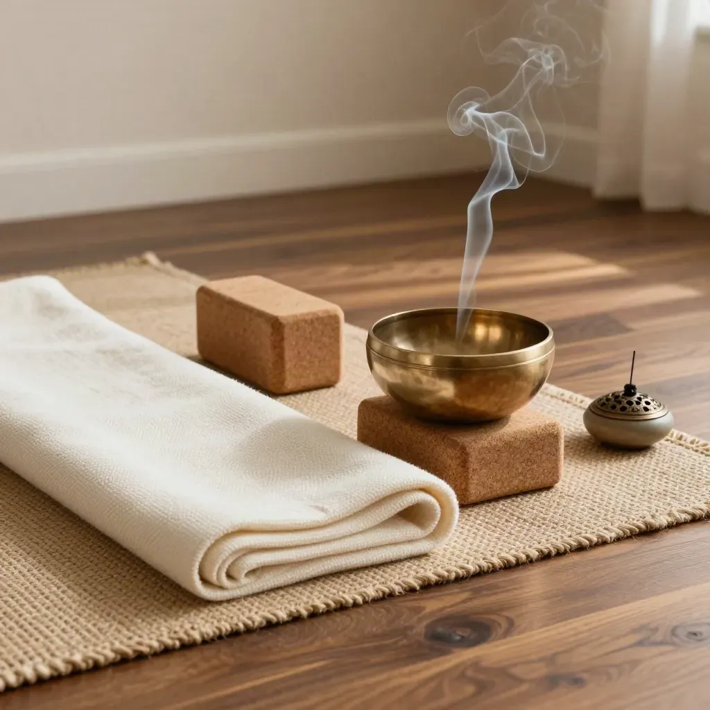 Tappetino yoga, blocco in sughero, coperta piegata, campana tibetana e fumo d’incenso.