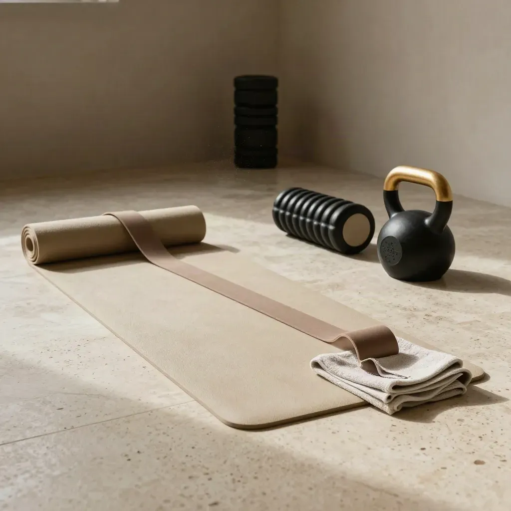Attrezzatura fitness pronta sul pavimento con tappetino, elastico, kettlebell e foam roller.