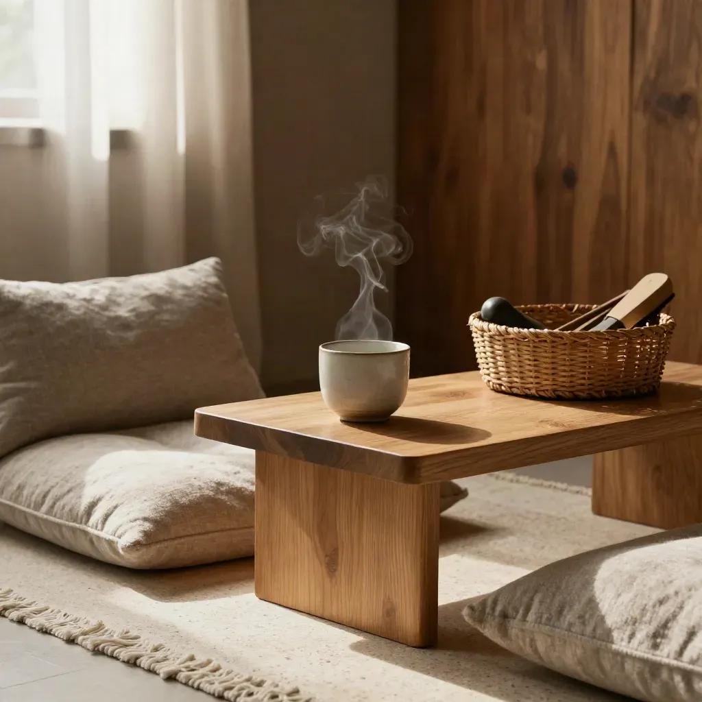 Angolo di consulenza benessere con tazza, cuscini neutri e cestino intrecciato