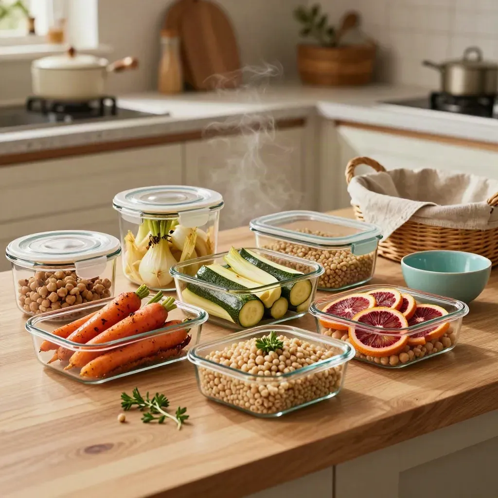 Meal prep con verdure, agrumi e cereali in contenitori di vetro su piano cucina caldo.