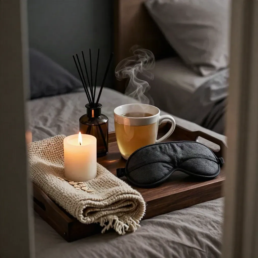 Tray serale con tisana, candela, mascherina e diffusore in una camera buia e calma