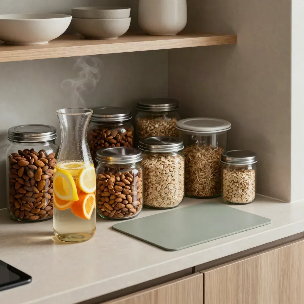 Angolo pantry ufficio con acqua agli agrumi, barattoli, vaschette meal prep e tappetino wellness.