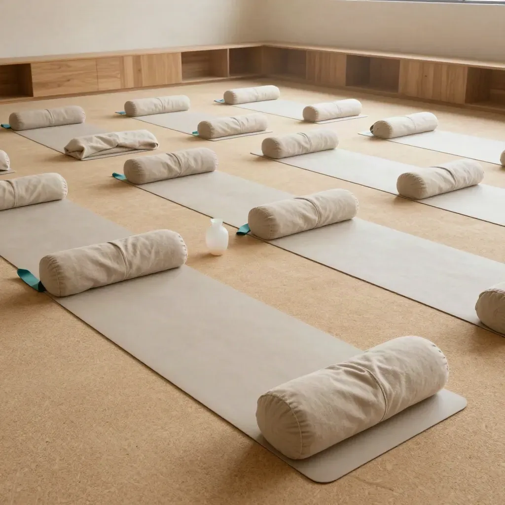 Sala yoga ordinata con 22 tappetini, bolster, coperte piegate e lieve vapore nell’aria.