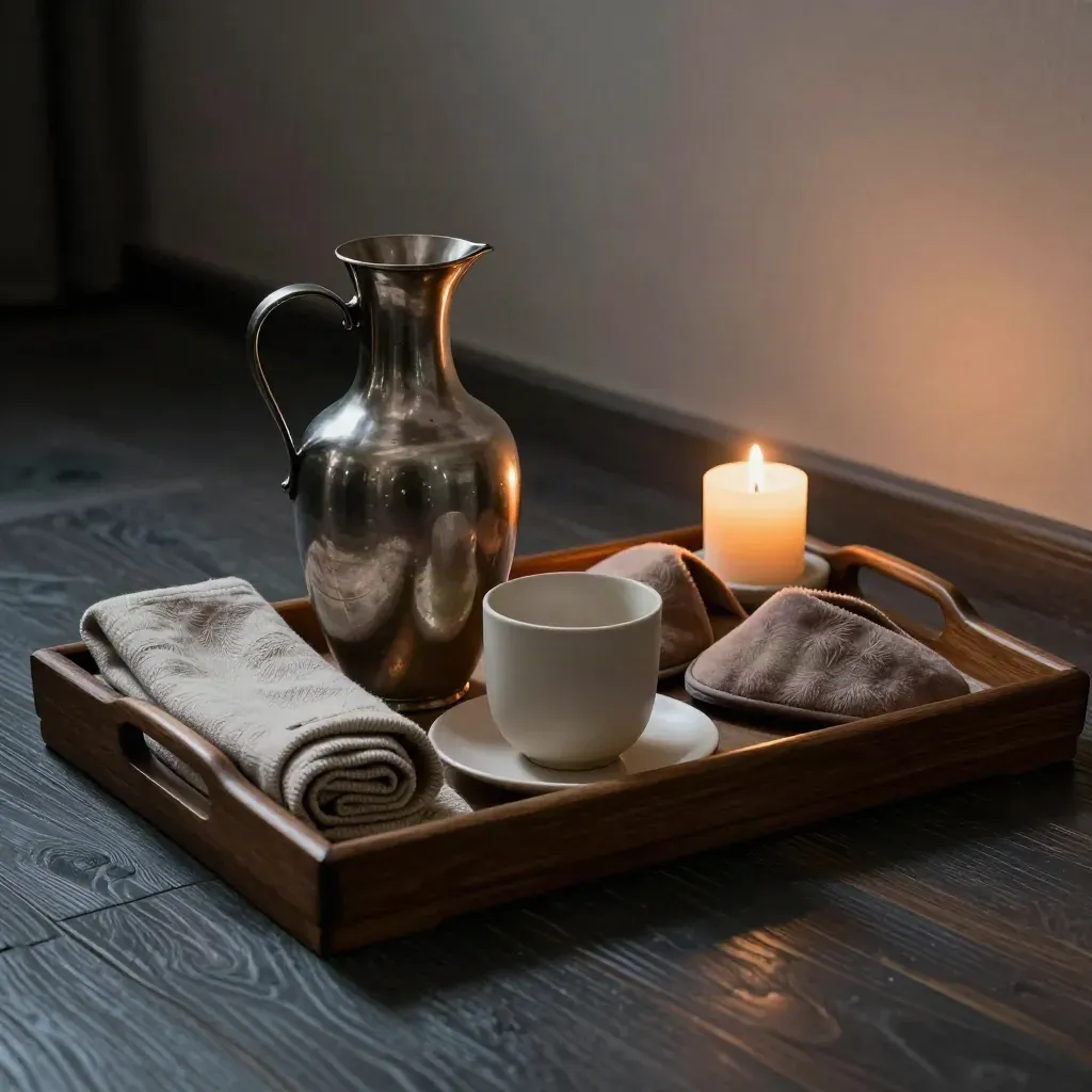 Tray notturno con caraffa, tazza, candela, coperta piegata e pantofole accanto al letto.