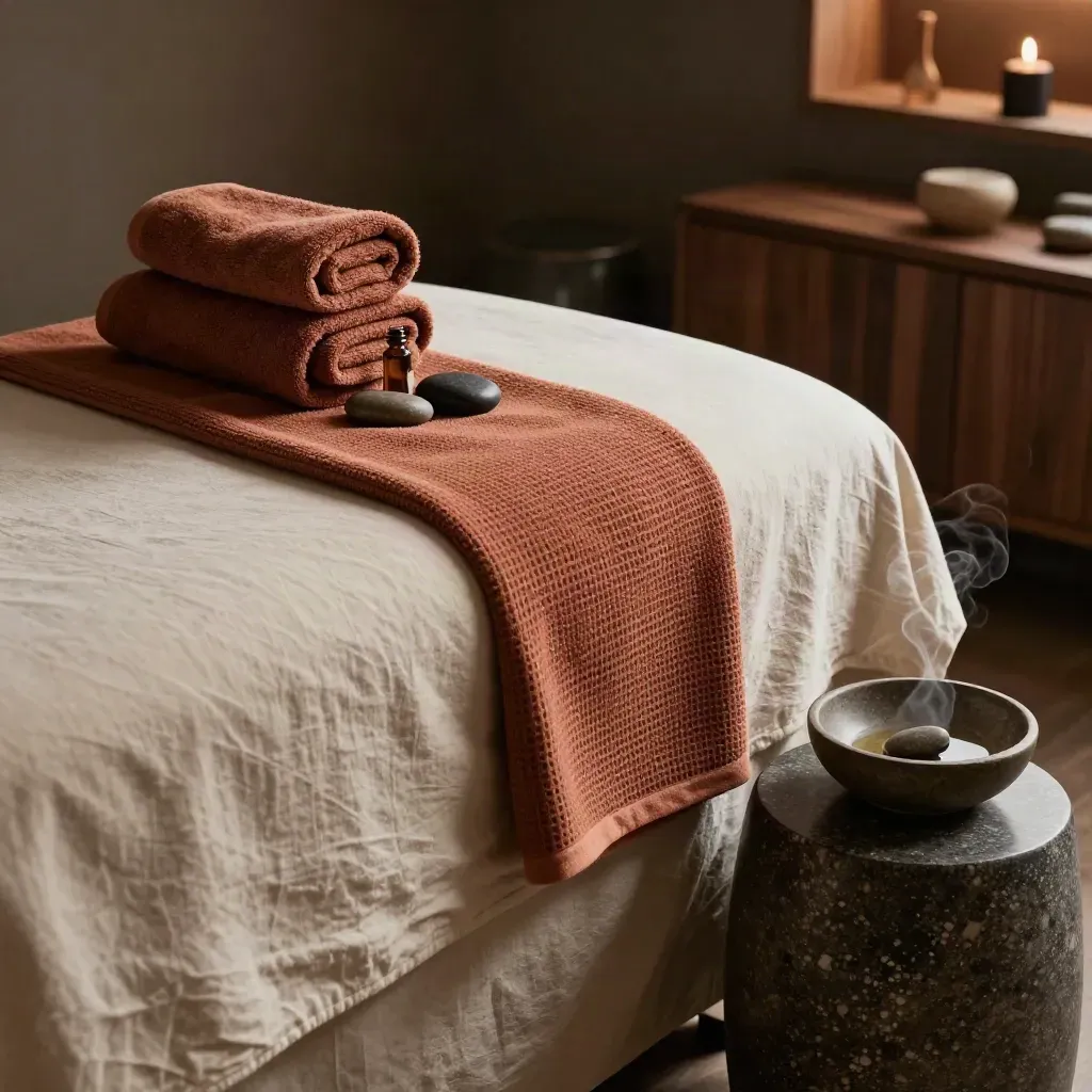 Stanza massaggi con lettino pronto, asciugamani caldi e pietre, luce morbida e atmosfera rilassante.