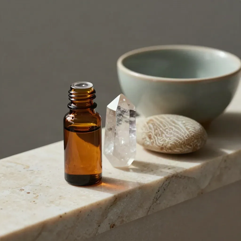 Boccetta di olio, quarzo, ciotola in ceramica e pietra liscia su travertino.