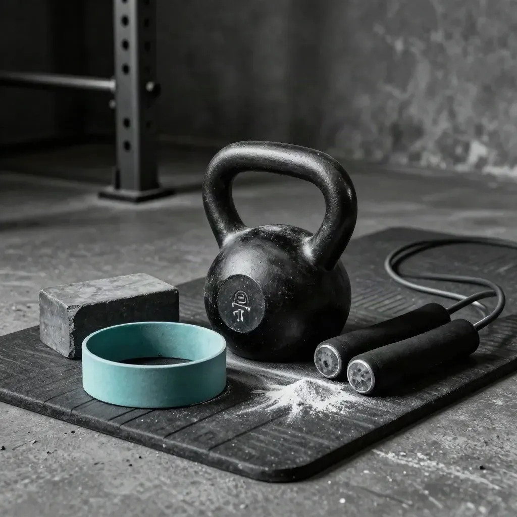 Kettlebell, elastici ad anello, corda e gesso su tappetino, luce drammatica e atmosfera calma.