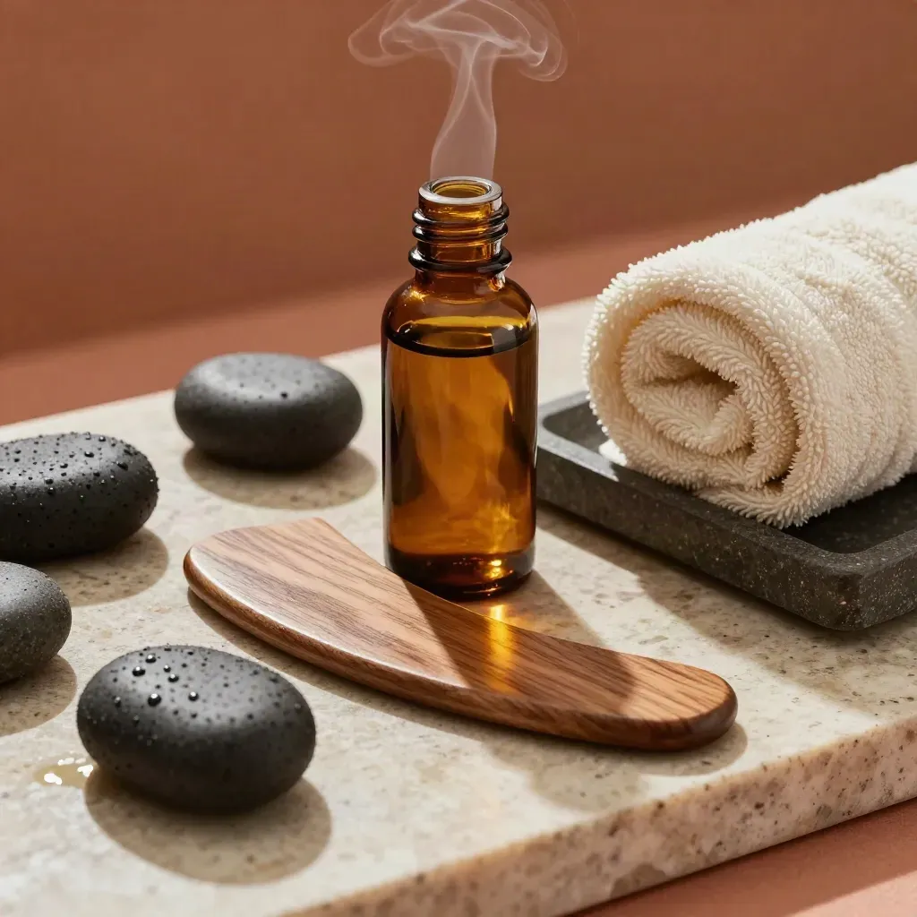 Pietre calde, gua sha in legno, olio aperto e asciugamano arrotolato su pietra