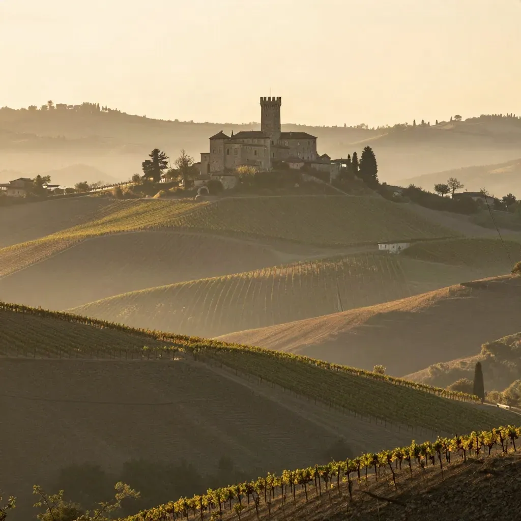 Colline delle Langhe con vigneti a terrazza e castello in cima, avvolti da luce dorata.