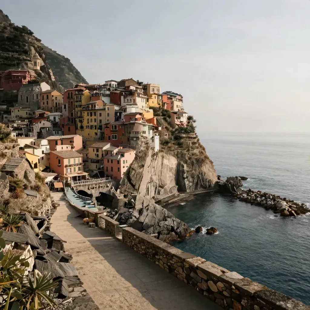 Borghi terrazzati liguri al tramonto con scogliere, mare calmo e foschia dorata.