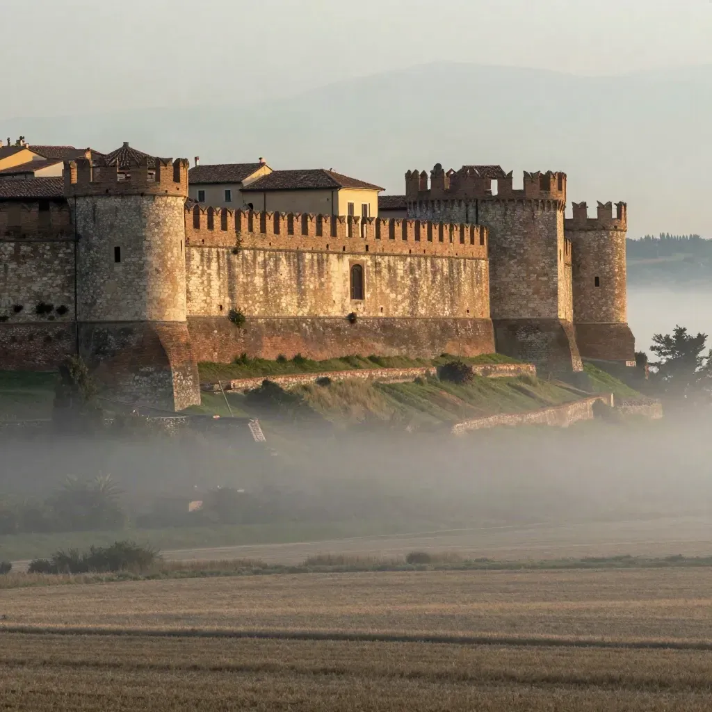 Fortezza di Ferrara tra tetti in mattoni e nebbia dorata sulla pianura al tramonto.